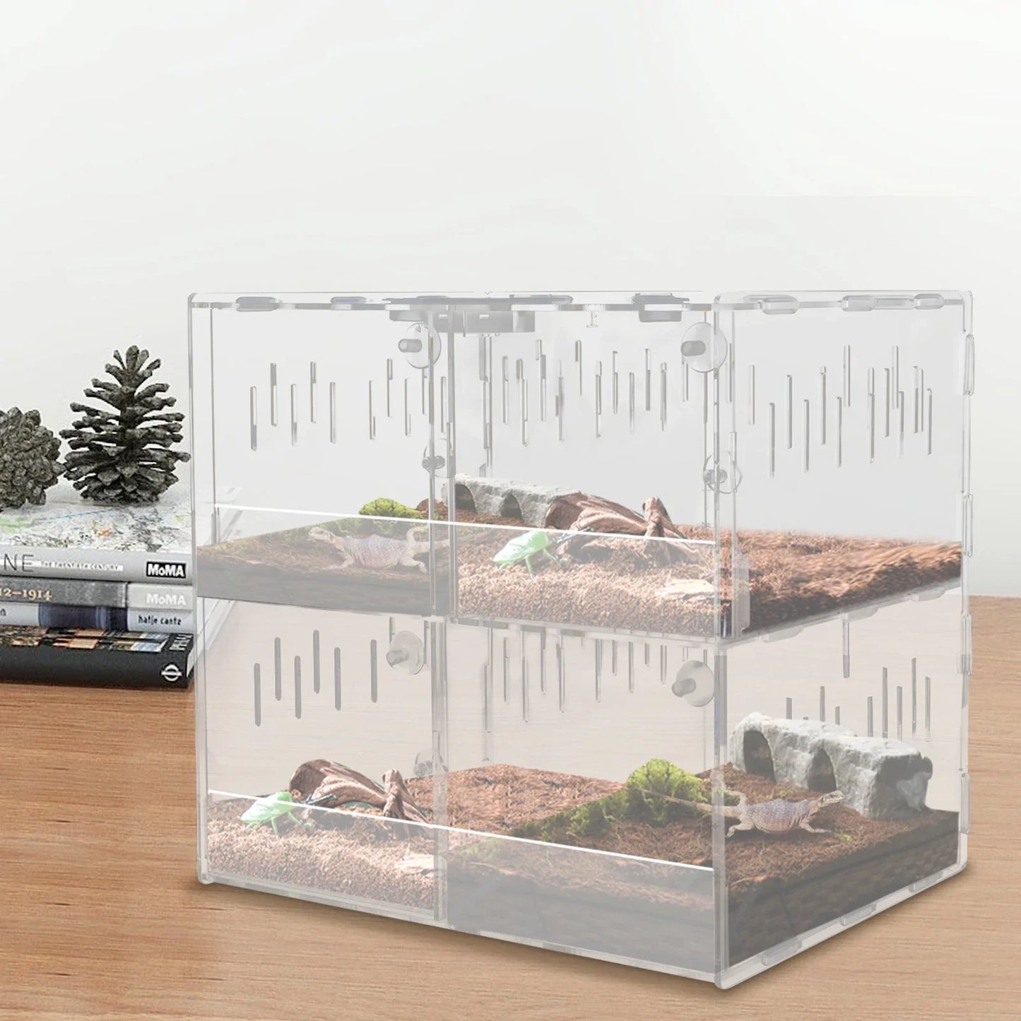 4-Grid Reptile Large Terrarium Acrylic Tank with Thermometer