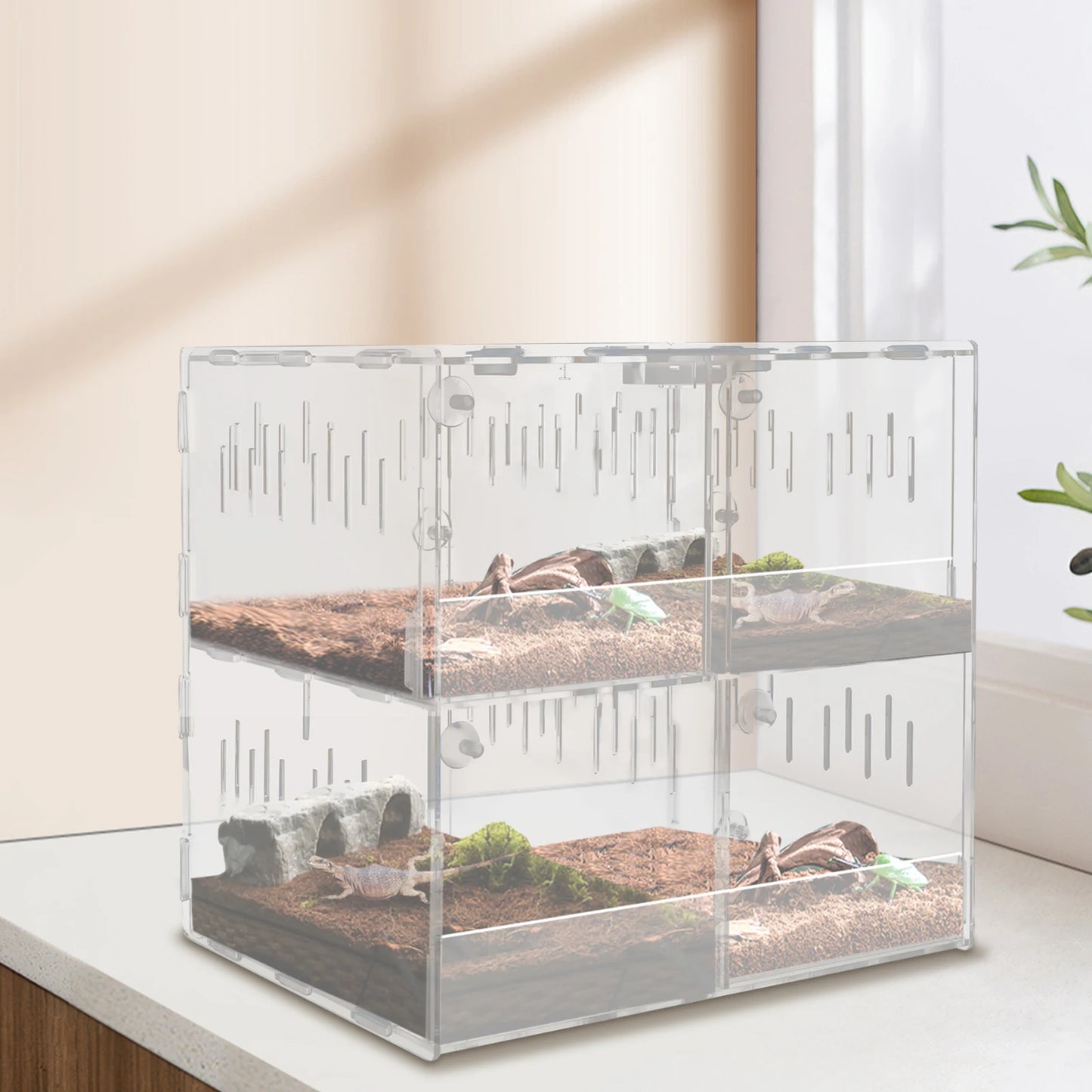 4-Grid Reptile Large Terrarium Acrylic Tank with Thermometer
